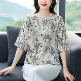 Female Elegant Summer Print O-Neck Half Sleeve Shirt