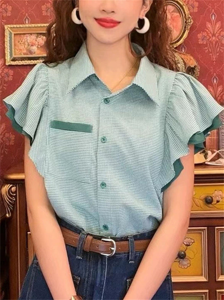 Female's Elegant Retro Plaid Patchwork Lotus Leaf Short-sleeved Shirts