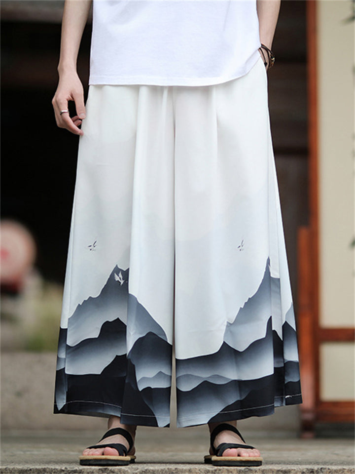 Men's Chinese Vintage Style Ink Landscape Print Loose Fit Wide Leg Pants
