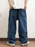 Men Japanese Style Baggy Carpenter Jeans Wide Leg Loose Fit Denim Work Pants