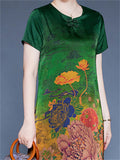 Women's Floral Print O-neck Frog Buttons Short Sleeve Satin Dress