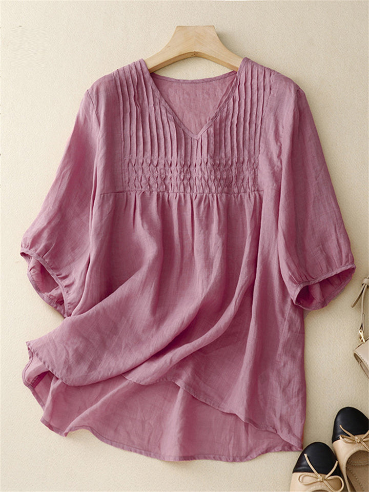 Women's Summer Casual  Solid Color V Neck Half Sleeve Shirt