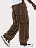 Mens Corduroy Cargo Pants with Multi Pockets and Drawstring Hem