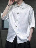 Chinese Style Loong Print Lapel Short Sleeve Shirts for Men
