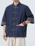 Men's Chinese Style Color Block Short Sleeve Tang Suit Kung Fu Shirts