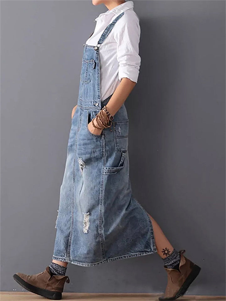 Womens Distressed Denim Overall Maxi Dress