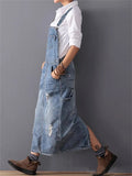 Womens Distressed Denim Overall Maxi Dress