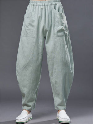 Ramie Loose Front Pockets Elastic Waist Harem Pant  for Men