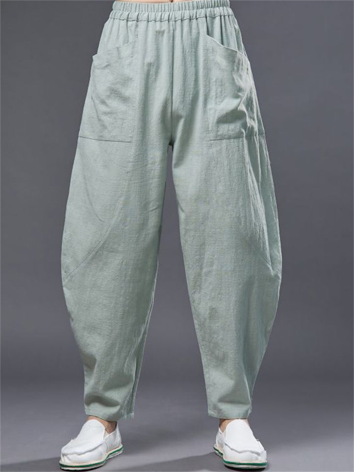 Ramie Loose Front Pockets Elastic Waist Harem Pant  for Men