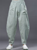 Ramie Loose Front Pockets Elastic Waist Harem Pant  for Men