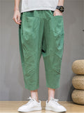 Mens Linen Blend Loose Baggy Cropped Wide Leg Harem Pants with Pockets