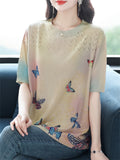 Women's Loose Butterfly Print Round Neck Short Sleeve Knit T-Shirts