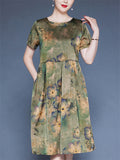 Women's Loose  Floral Print O-neck Short Sleeve Dress