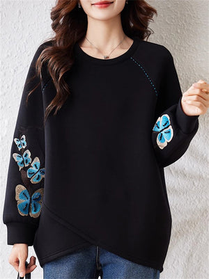 Women's Black Butterflies Embroidery Long Sleeve Pullover Sweatshirt