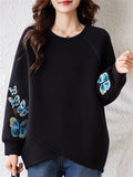 Women's Black Butterflies Embroidery Long Sleeve Pullover Sweatshirt