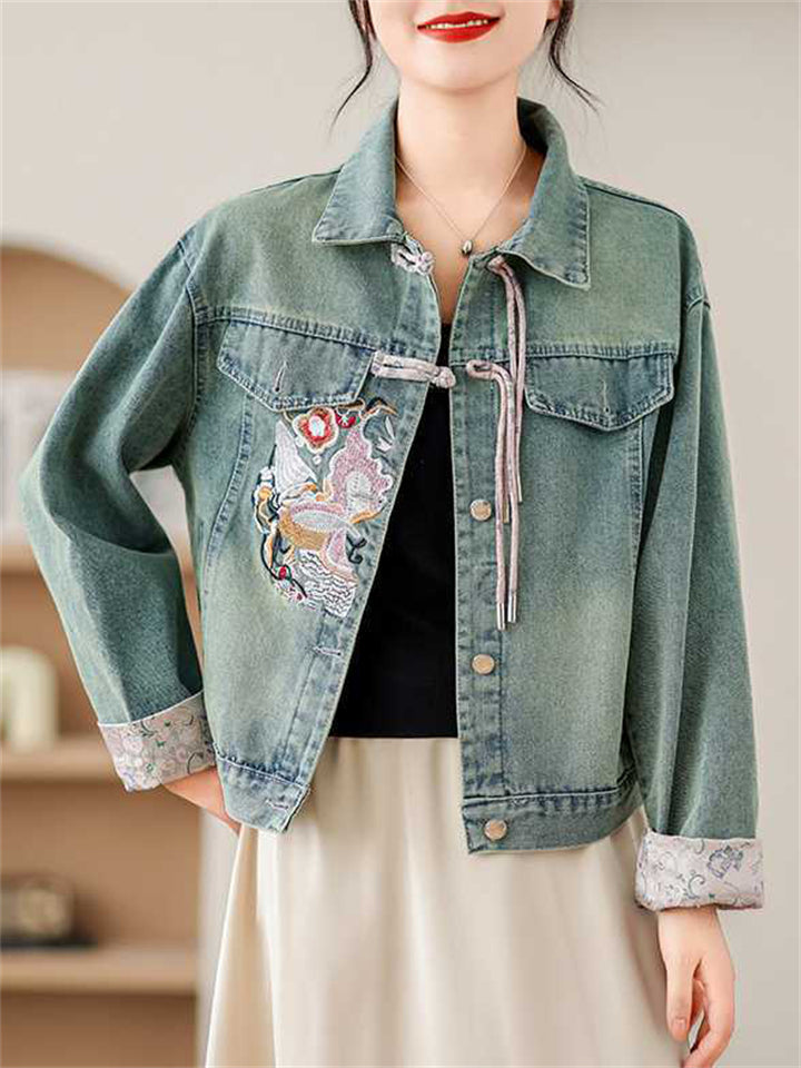 Women's Embroidery Contrast Color Frog Button Denim Jacket