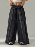 Women's Distressed Black Elastic Waist Wide Leg Long Pants