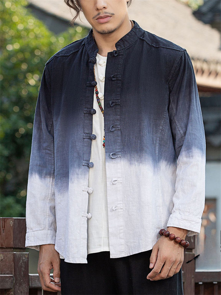 Men's Casual Linen Tie-dye Contrast Color Long Sleeve Shirts