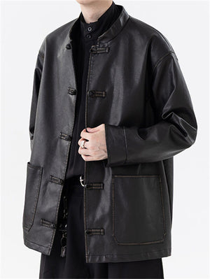 Men's Autumn Chinese Style Faux Leather Pockets Frog Button Coats