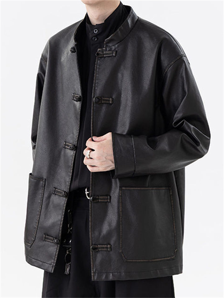 Men's Autumn Chinese Style Faux Leather Pockets Frog Button Coats
