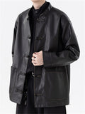 Men's Autumn Chinese Style Faux Leather Pockets Frog Button Coats