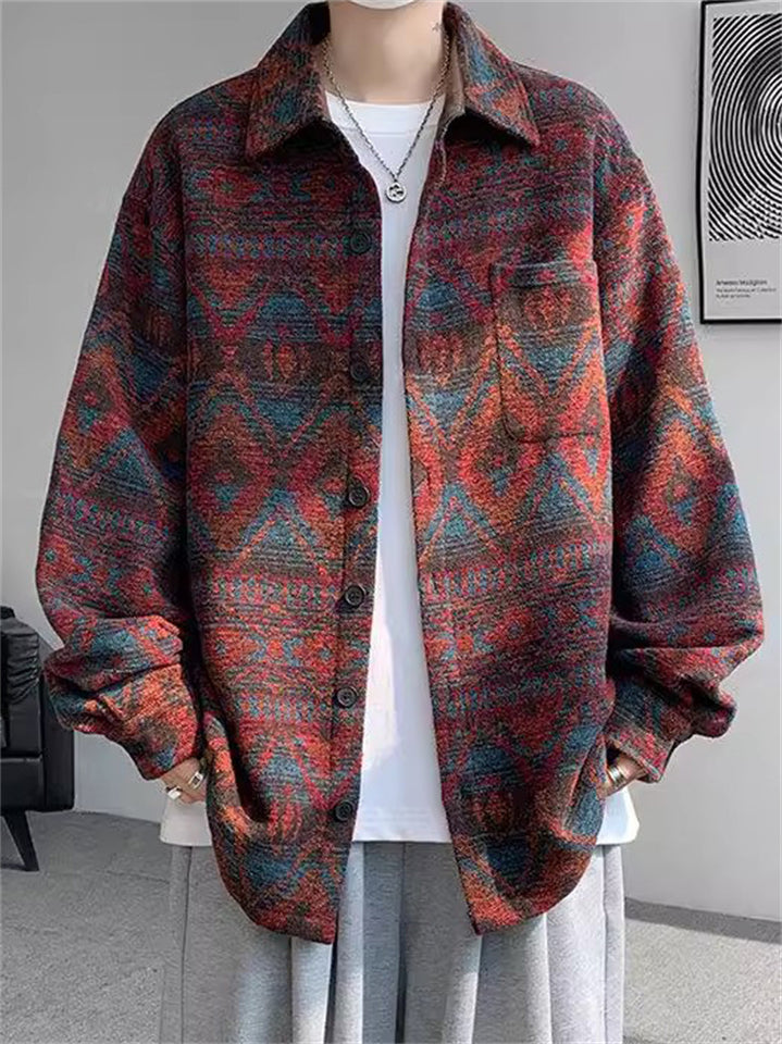 Plus Size Loose Long Sleeve Geometry Print Jackets for Men