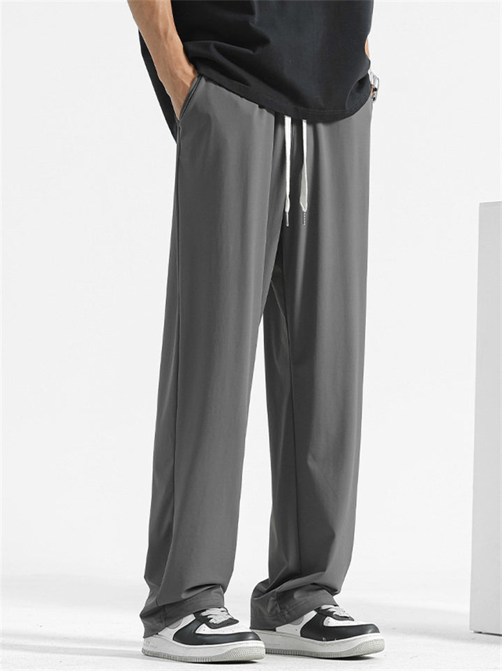 Mens Wide Leg Casual Ice Silk Breathable Drawstring Pants
