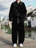 Men's 2Pcs Autumn Chinese Loong Printed Velvet Frog Button Long Sleeve Outfits