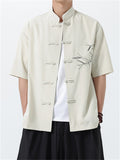 Men's Chinese Style Leaf Printed Stand Collar Short Sleeve Shirt