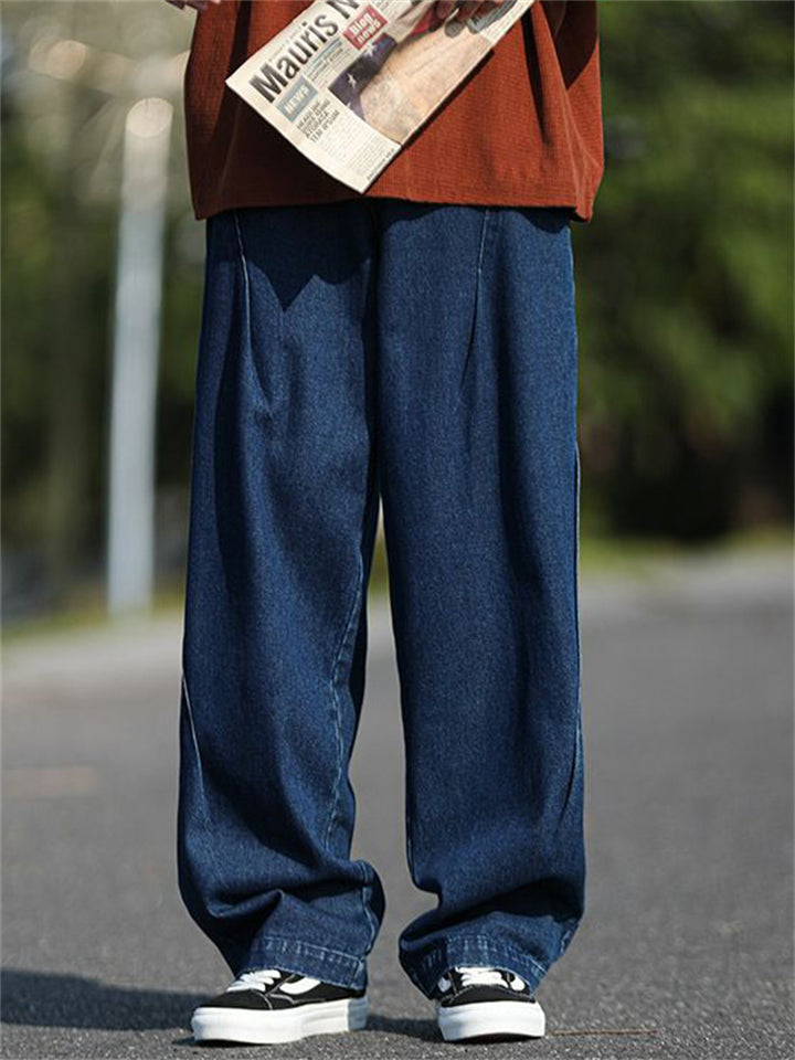 Japanese Style Men's Cozy Casual Straight Wide-Leg Denim Pants