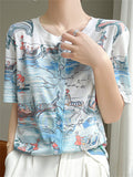 Summer Casual Print Round Neck Button Up T-Shirts for Women