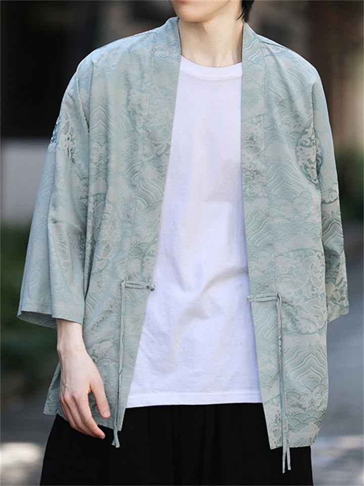 Chinese Style Zen Clothing Vintage Loong Print Cardigan Shirt for Men