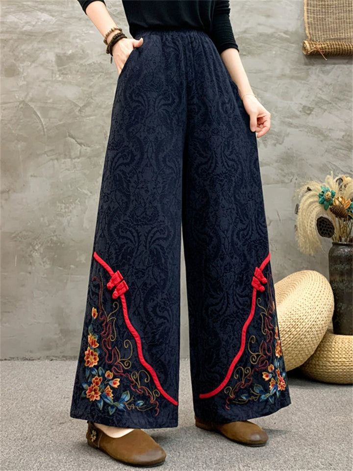 Women's Ethnic Style Floral Embroidered Frog Button Decor Wide Leg Pants
