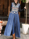 Women's V-neck Sleeveless Floral Embroidery Denim Split Tank Dress