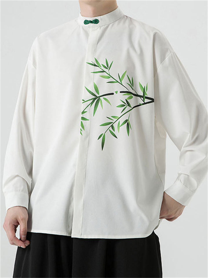 Men Chinese Style Long Sleeve Loose Fit Shirt with Bamboo Leaf Print