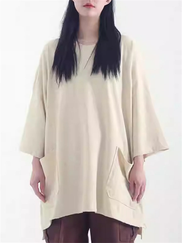 Unisex Loose Cotton Short BatWing Sleeve T-Shirt with Pockets