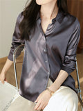 Ladies' Elegant Autumn OL Style Solid Color Long-sleeve Satin Shirts
