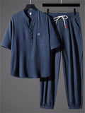 Men's 2Pcs Summer Comfy Frog Button V Neck Solid Color Outfits