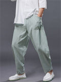 Ramie Loose Front Pockets Elastic Waist Harem Pant  for Men