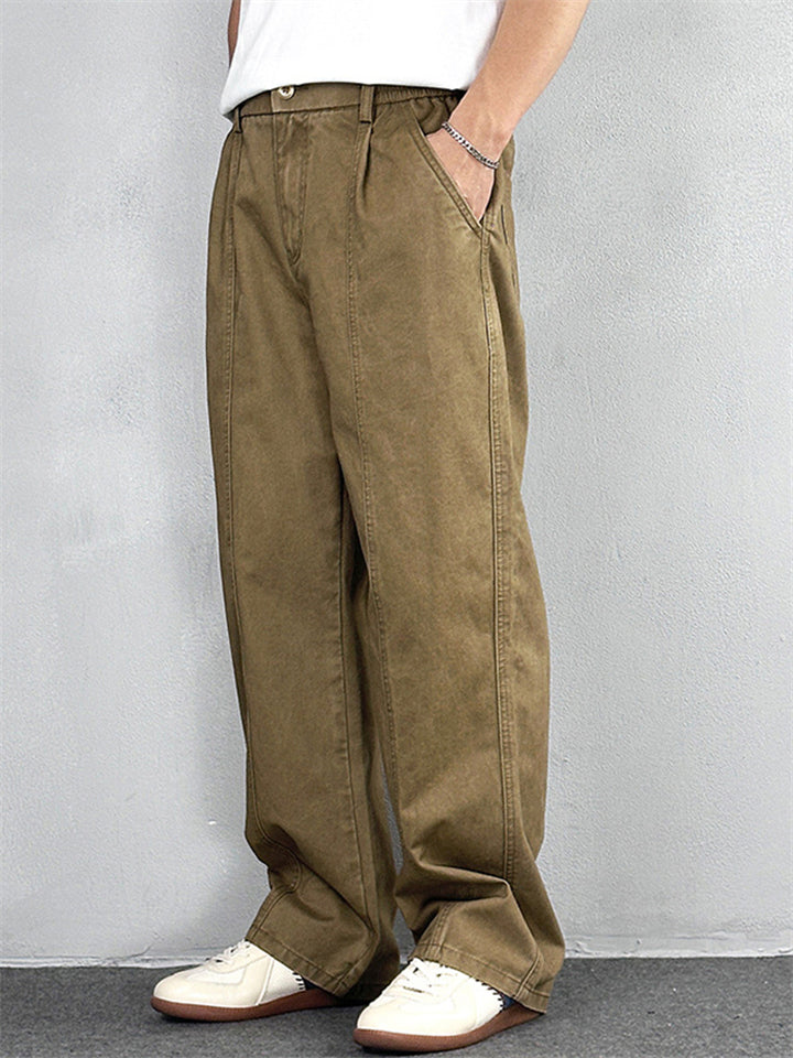 Men Vintage Simple Cotton Elastic Waist Loose Fit Wide Leg Cargo Pants