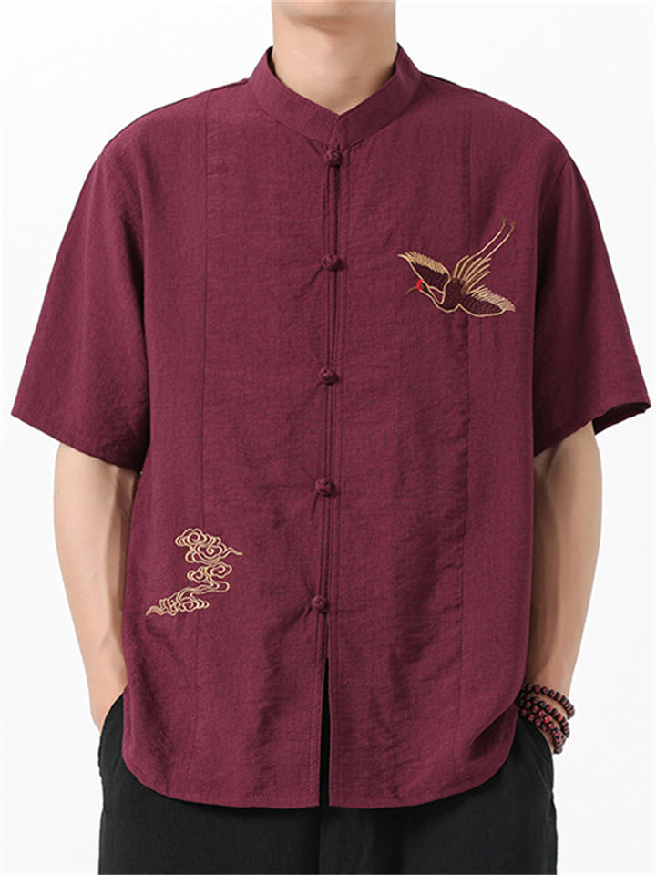 Chinese Style Men's Crane Embroidery Stand Collar Half Sleeve Shirts