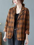 Women's Casual Retro Long Sleeve Plaid Suit Collar Jacket