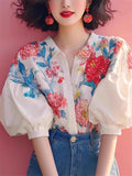 French Style Floral Print Puff Short Sleeve Shirt for Women