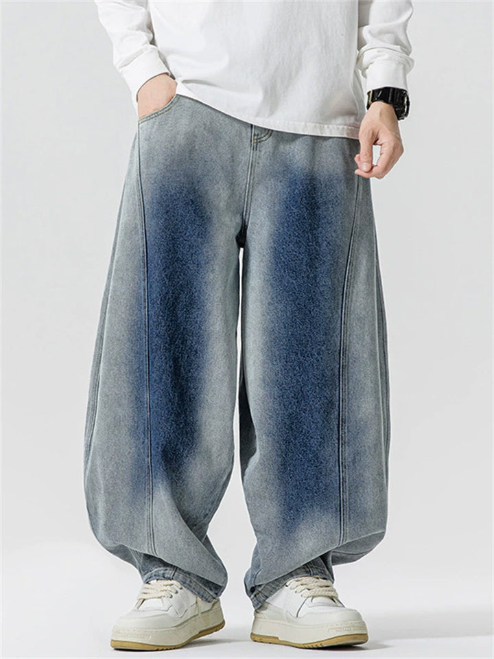 Men Vintage Washed Contrast Color Baggy Wide Leg Denim Pants