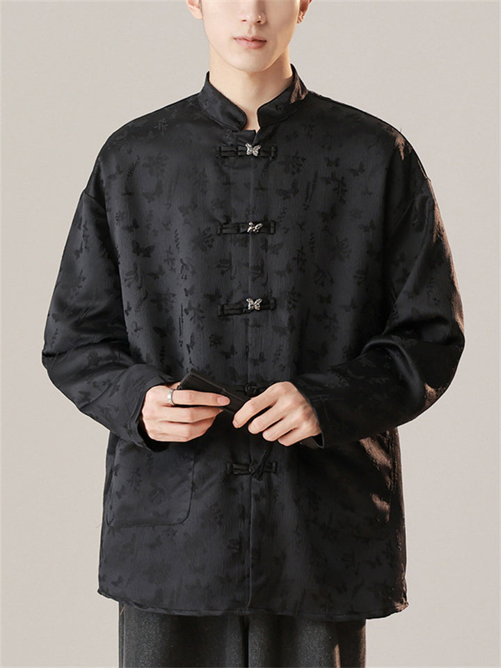 Men's Comfy Butterfly Print Button Long Sleeve Stand Collar Shirts