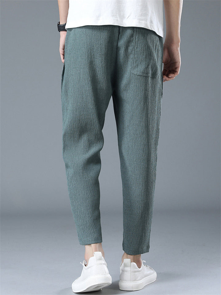 Men's Summer Solid Color Cool Drawstring Cropped Pants