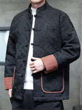 Mens Chinese Style Contrast Trim Jacquard Brocade Tang Suit Warm Coats