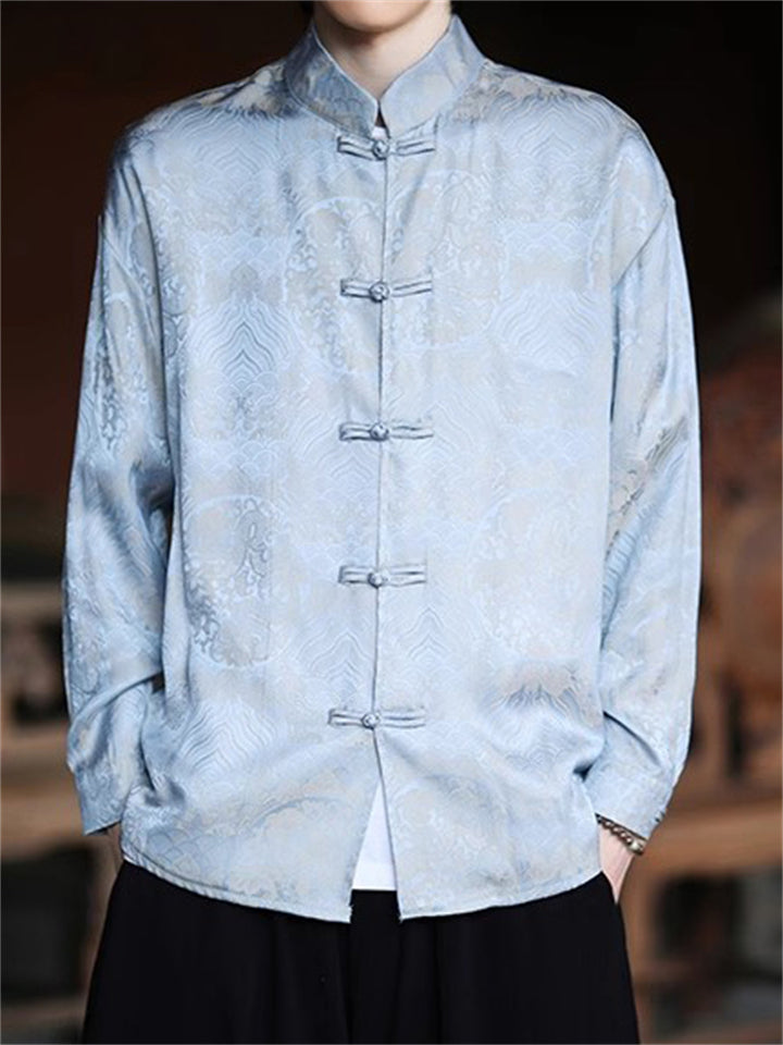 Chinese Style Men's Print Stand Collar Long Sleeve Shirts