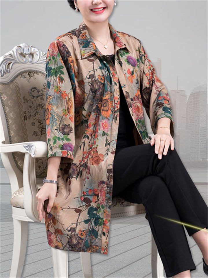 Plus Size Summer Floral Print  3/4 Sleeve Shirt for Women