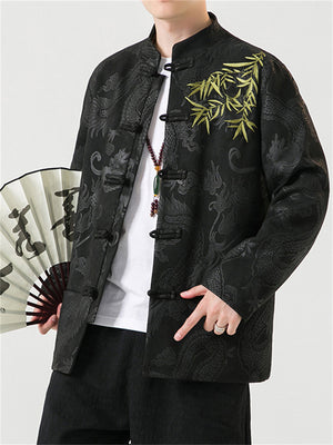Men's Bamboo Leaf Embroidery Dragon Print Faux Suede Retro Jacket